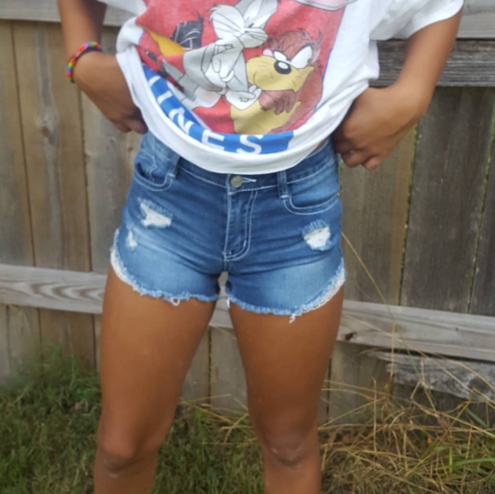 ripped, lace jean shorts